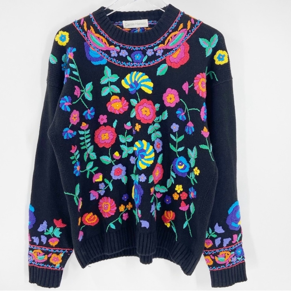 Vintage 80’s Carole Hanson Black Floral Y2K Embroidered Sweater 1X
